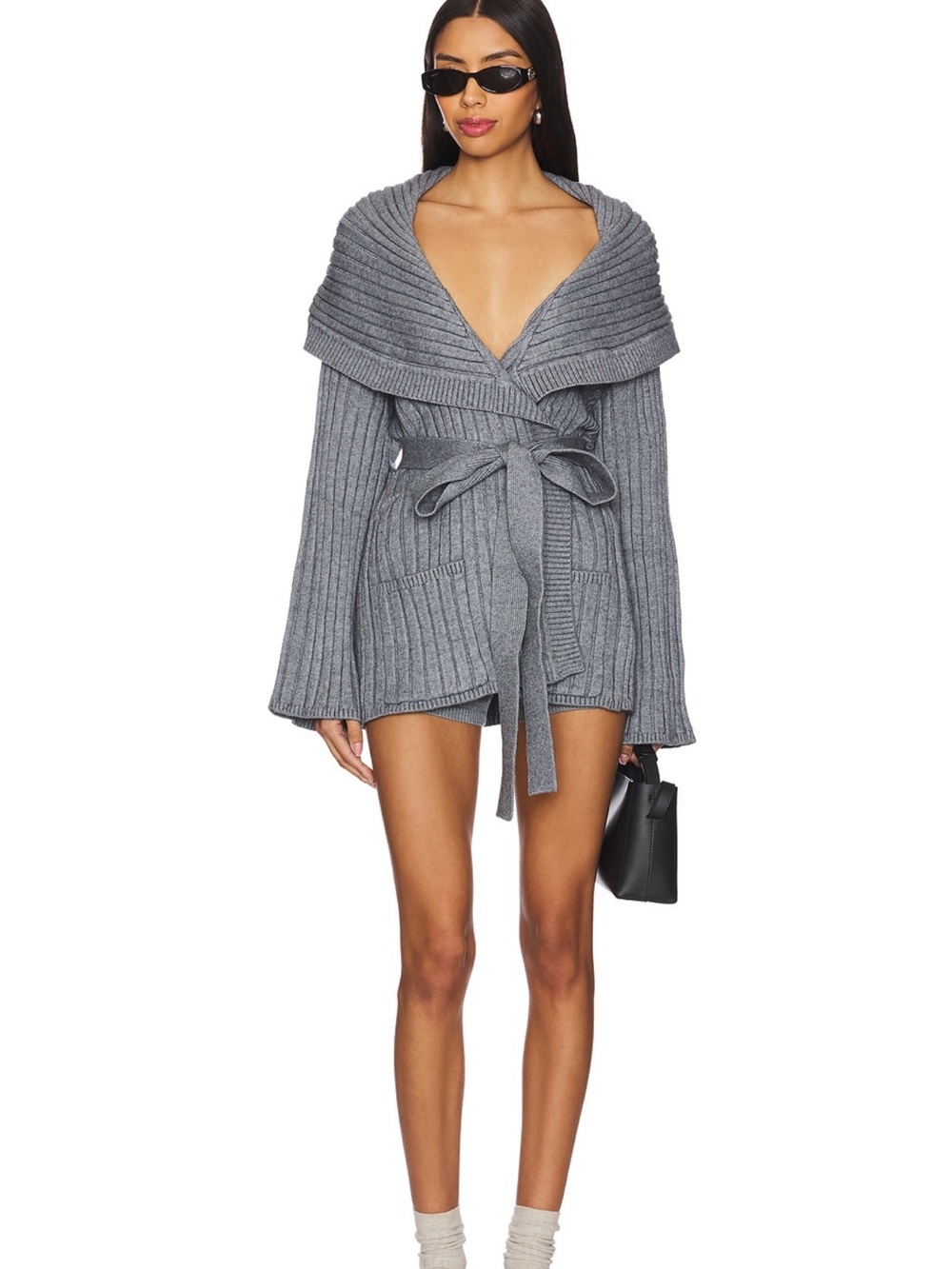 Ribbed Shawl-Collar Tie-Waist Cardigan in Grey - Picture 4 of 4